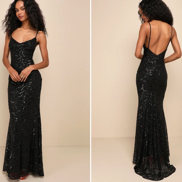 Lulus Mesmerizing Demeanor Black/Shiny Black Mermaid Maxi Formal Dress - Medium - Picture 1 of 9